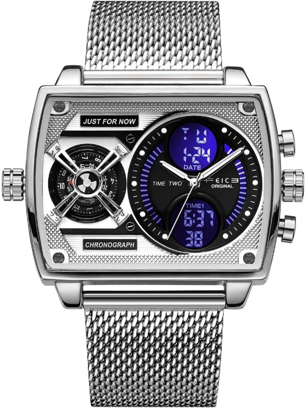 Men's Silver Chronograph Square Quartz Stainless Steel Band Digital Analog Watch